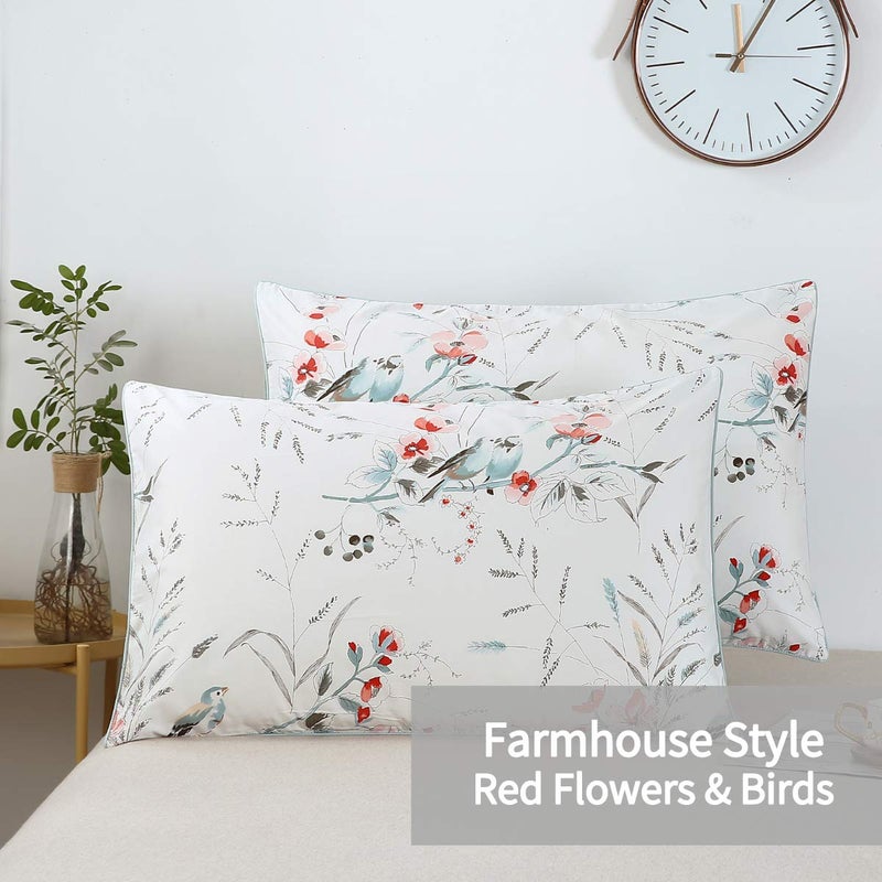 WINLIFE 100% Cotton Pillowcases Garden Floral Birds Printed on White Pillow Cases Set of 2 Pillow Cover (Queen 20x30'', Birds Floral) - Image 2